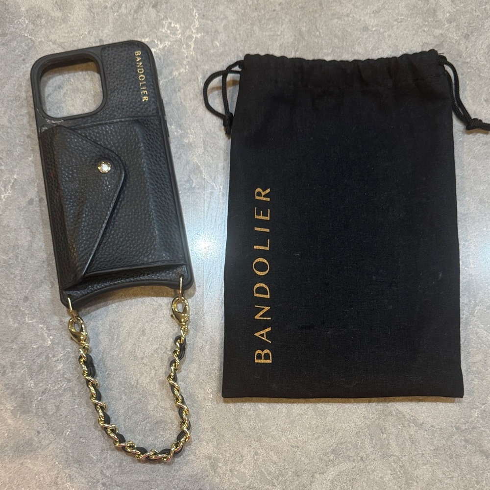 iPhone 15 pro max Bandolier Black Phone Case with Gold Chain